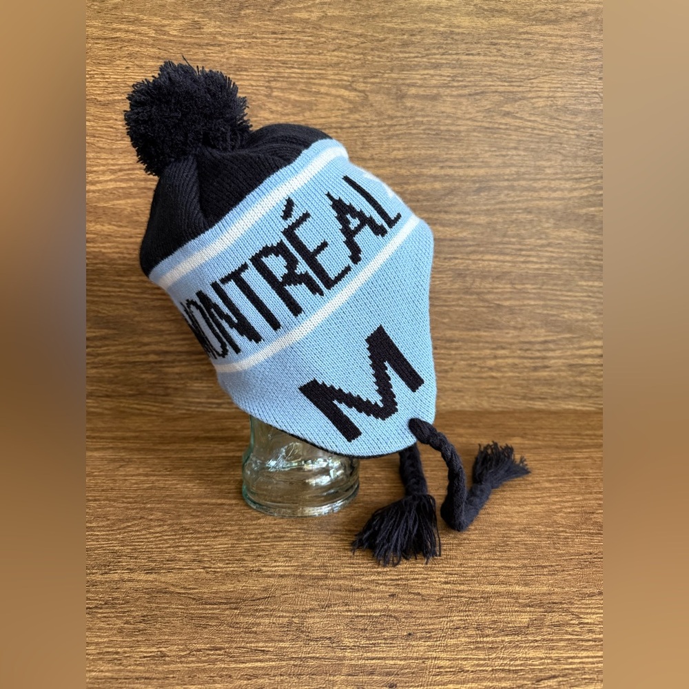 Montreal Canada Chullo Knit Hat Pom Pom Fleece Lined Ear Flap Winter Trapper Cap